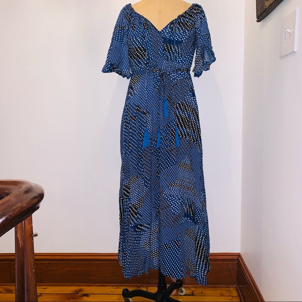 Free People Maxi Blue/Black/White Print Dress S